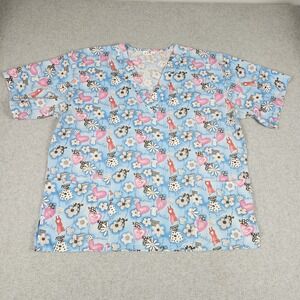 EXPO Scrub‎ Top Womens XL Blue Heart Flower Print V-Neck Short Sleeve Medical